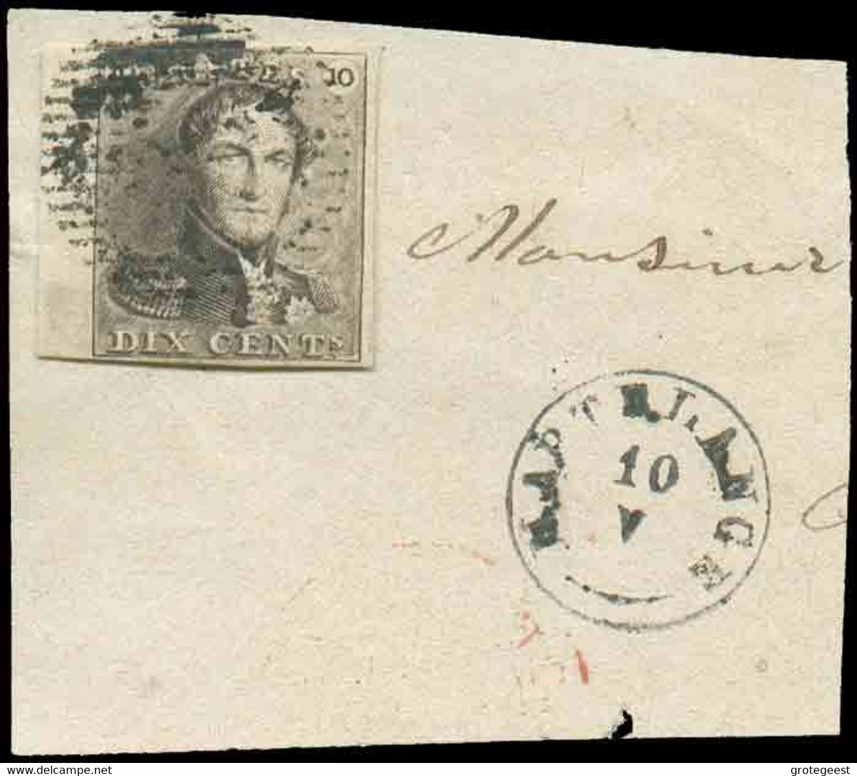 N°1 - Epaulette 10 Centimes Brune, Très Bien Margé Et Beau Bdf Gauche, Obl. D.34 Sur Petit Fragment Avec En Plus Le Cach - 1849 Mostrine