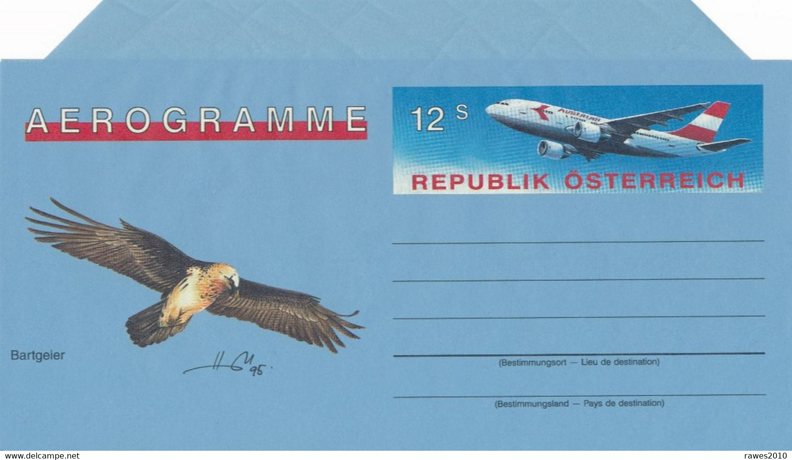 Österreich 1995 Aerogramm 12 S. Austrian Airline Flugzeug Vogel Bartgeier - Andere & Zonder Classificatie