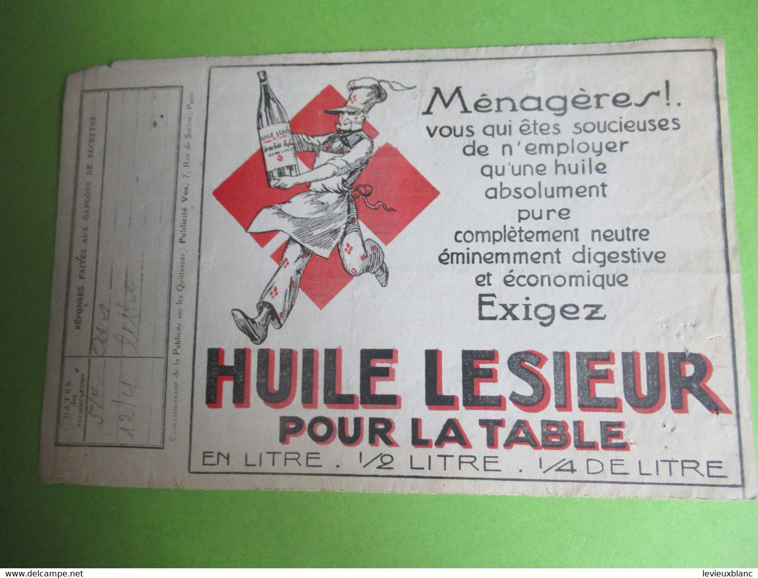 Société Du GAZ De Paris/Quittance D'Abonnement/Publicité HUILE LESIEUR/ Consommateurs De L'Etoile/Paris/1927       GEF68 - Elektriciteit En Gas