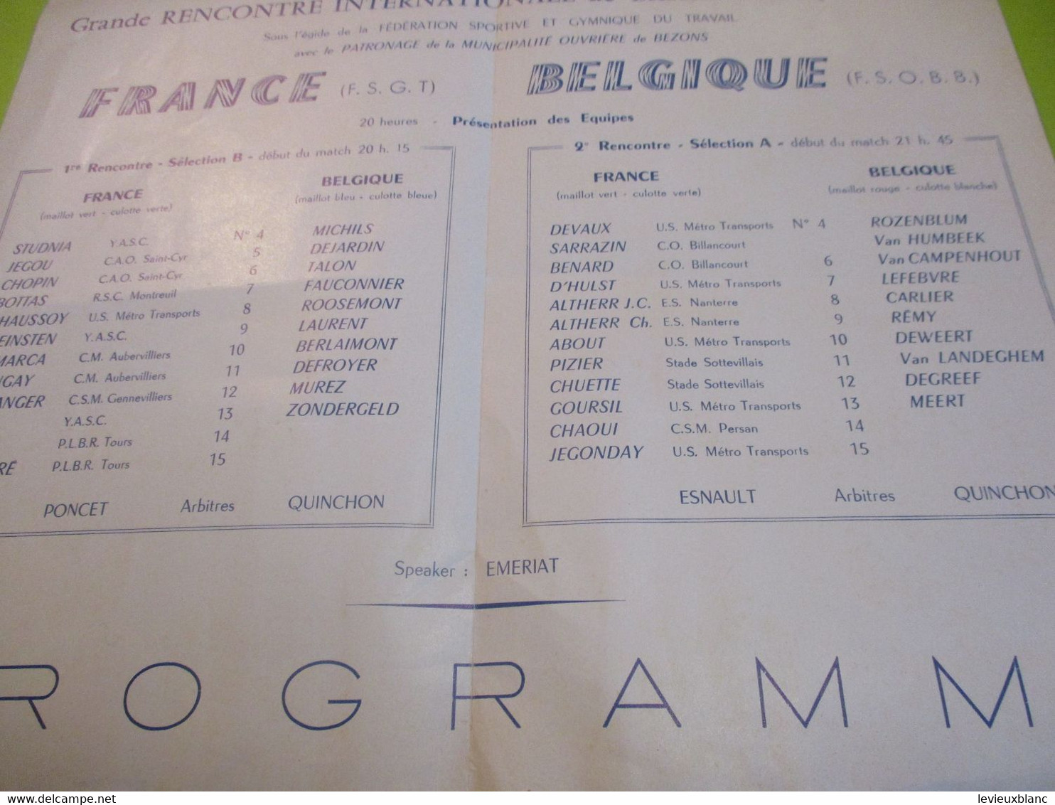 Inauguration Gymnase Gabriel Péri/ BEZONS/ Rencontre Internationale BASKET-BALL/ France Belgique/1962   PROG273 - Sonstige & Ohne Zuordnung