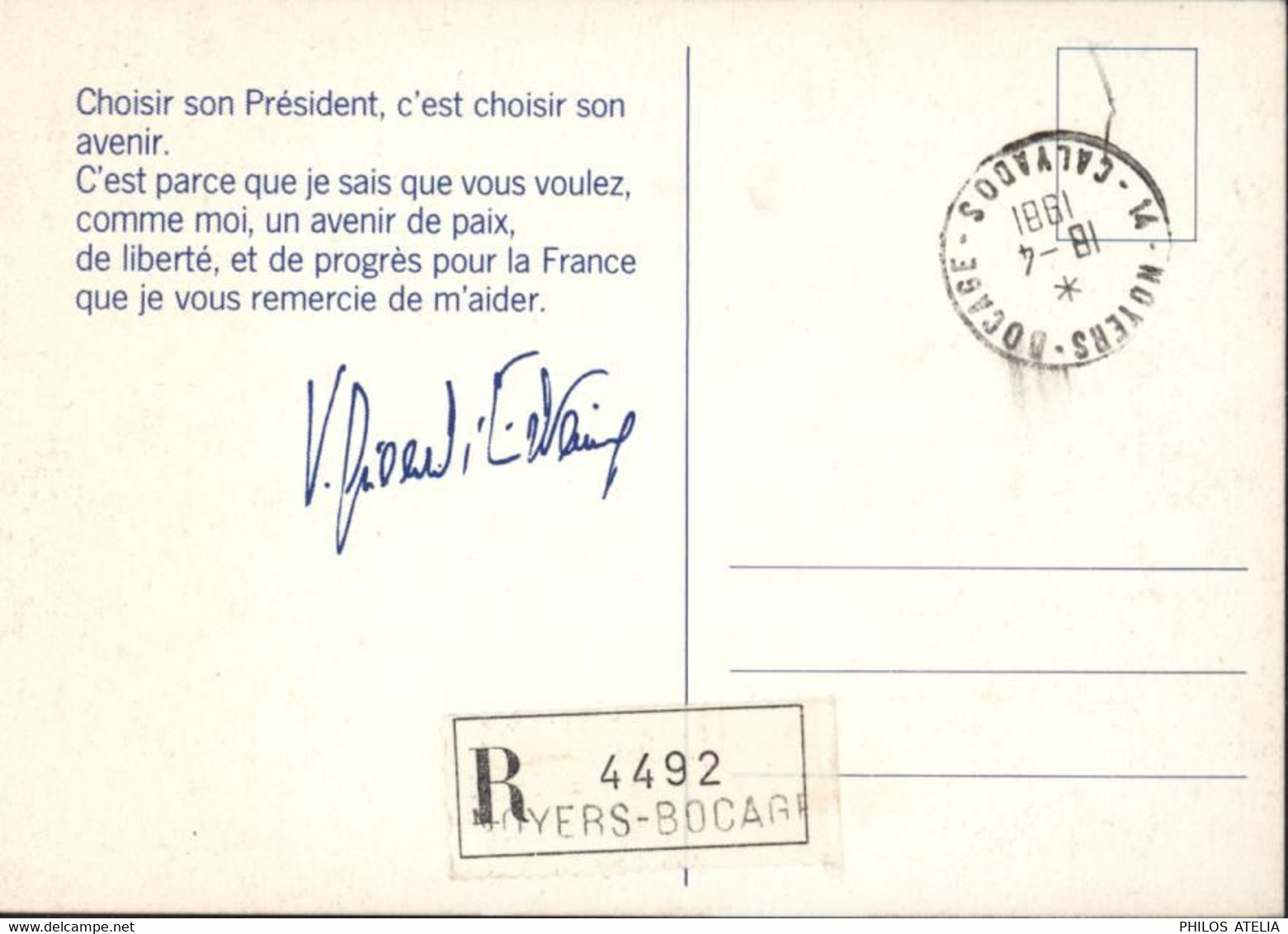 CP Politique Elections Présidentielles France Valéry Giscard D'Estaing Recommandé CAD Noyers Bocage Calvados 1981 - Parteien & Wahlen