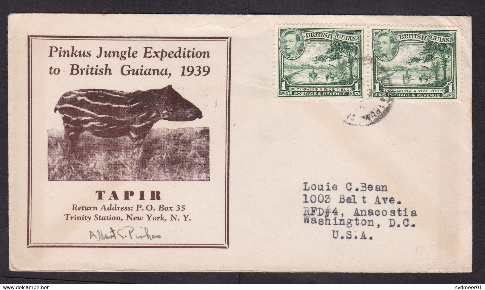 British Guiana: Cover To USA, 1939, 2 Stamps, King George V, KGV, Pinkus Jungle Expedition (minor Discolouring) - Guyana Britannica (...-1966)