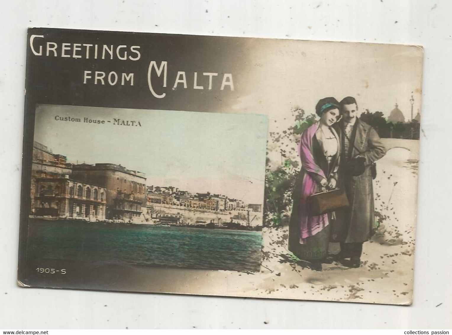 Cp , Malte , GREETINGS FROM MALTA , Custom House ,multi Vues , écrite 1915 - Malta