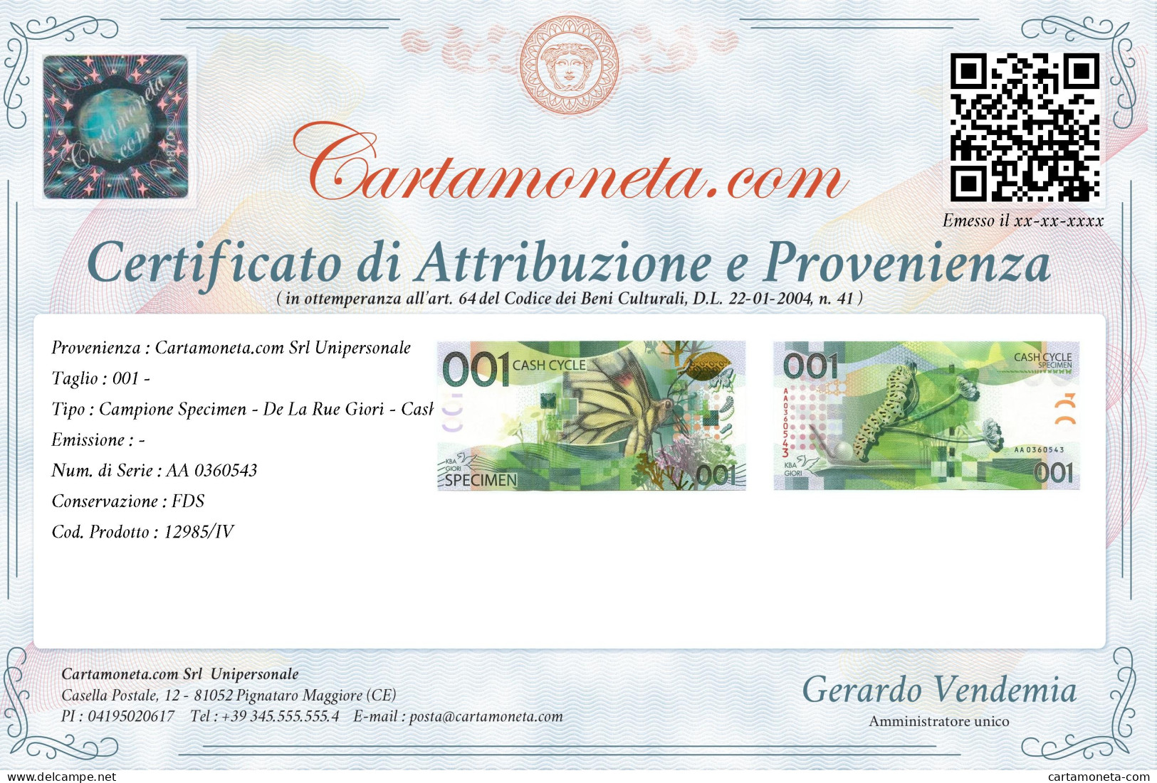 001 CAMPIONE SPECIMEN DE LA RUE GIORI CASH CYCLE FDS - [ 7] Errori & Varietà