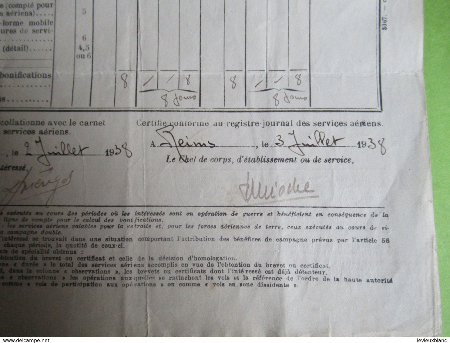 Relevé Individuel Des Services Aériens Commandés/4éme Escadre Aérienne/Roger MERIGOT/Sergent Armurier/REIMS/1937-38 AV32 - Aviation