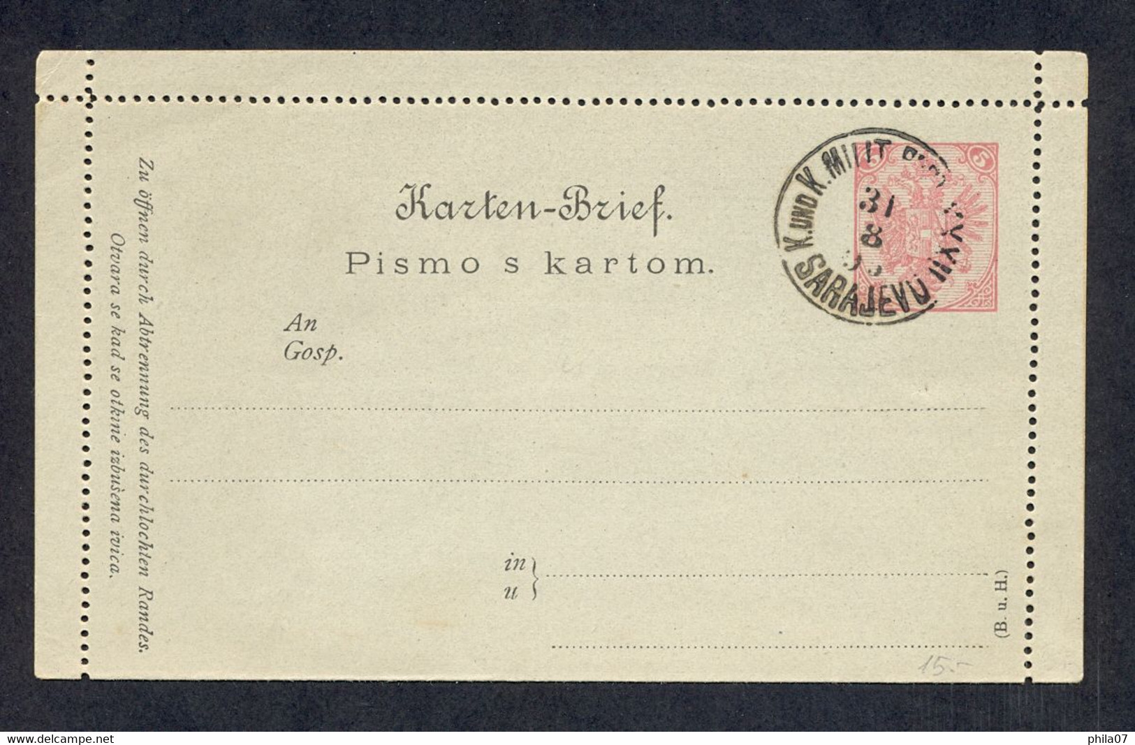 BOSNIA AND HERZEGOVINA - Closed Stationery With Imprinted Value And Nice 'K.und K. Milit. Post. Sarajevo' Cancel. - Bosnien-Herzegowina