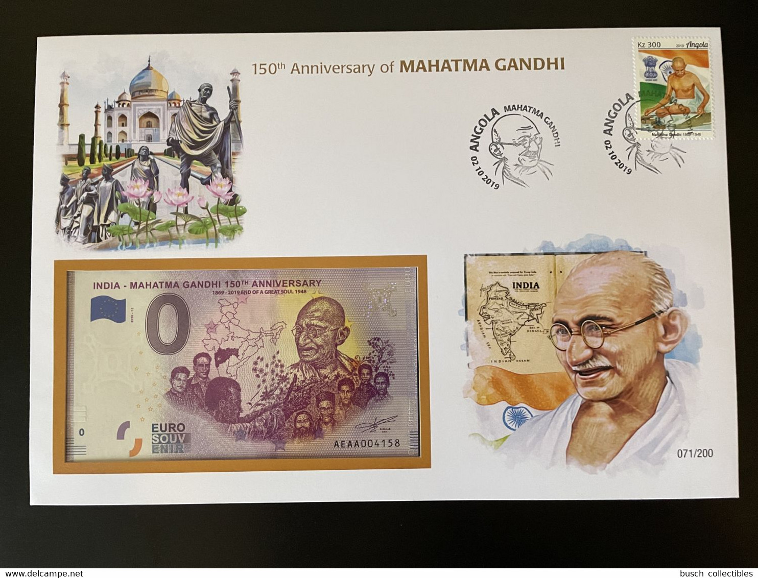 Euro Souvenir Banknote Cover Mahatma Mohandas Gandhi India 150th Anniversary Angola Banknotenbrief - Mahatma Gandhi