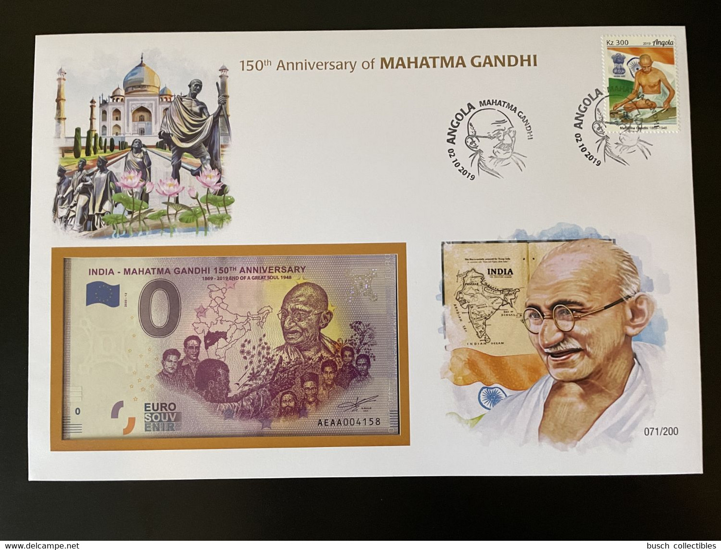 Euro Souvenir Banknote Cover Mahatma Mohandas Gandhi India 150th Anniversary Angola Banknotenbrief - Angola