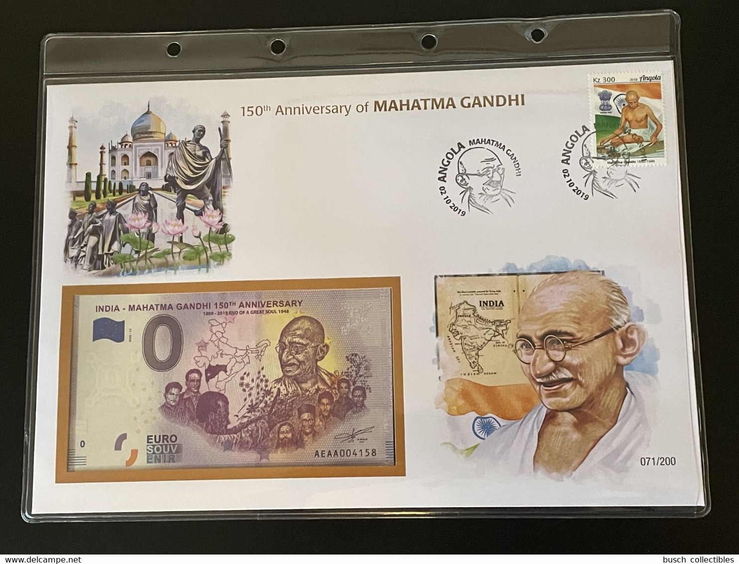 Euro Souvenir banknote Cover Mahatma Mohandas Gandhi India 150th Anniversary Angola Banknotenbrief