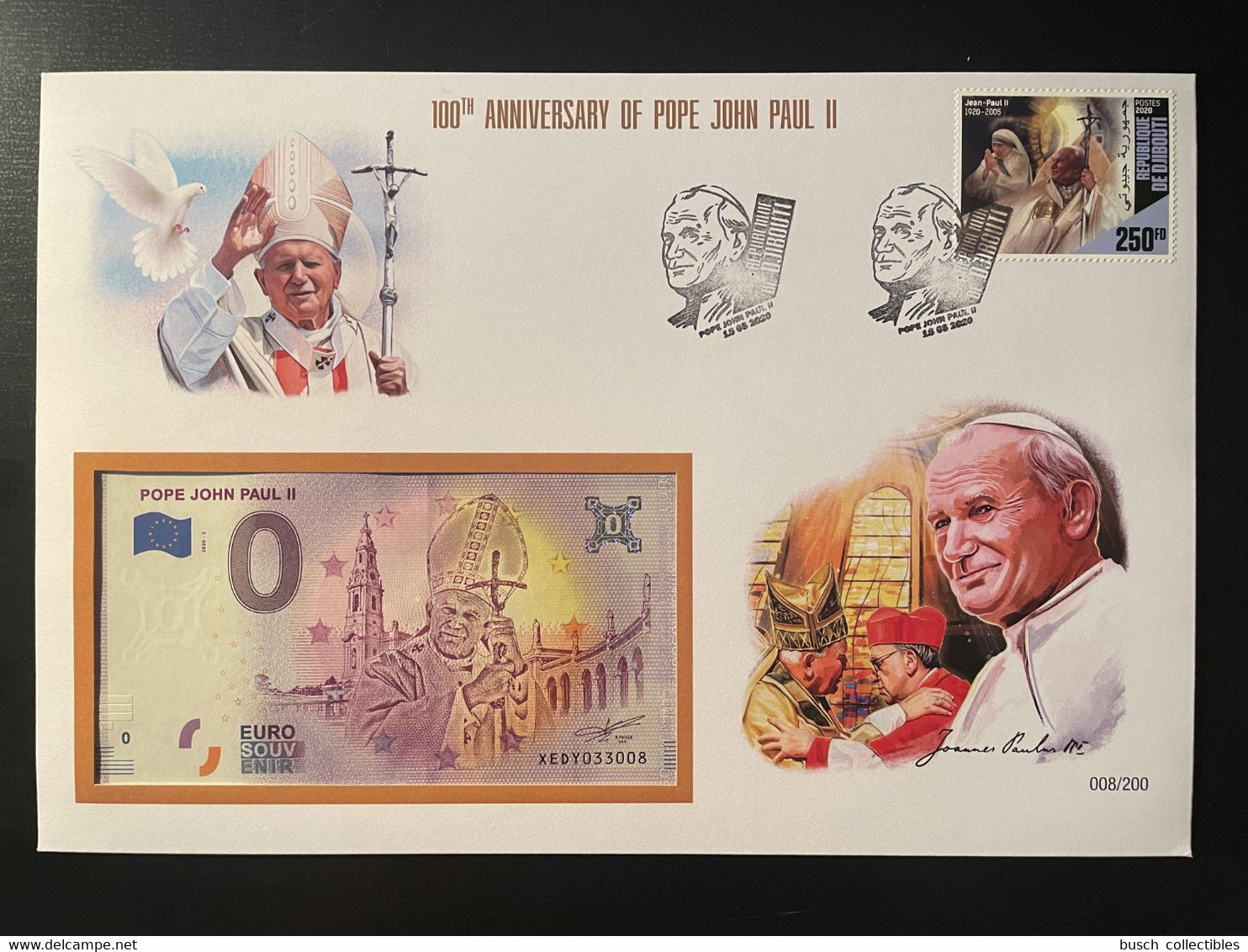 Euro Souvenir Banknote Cover Pape Pope Pape John Paul Johannes Jean II 100th Anniversary Vatican Djibouti Banknotenbrief - Privatentwürfe