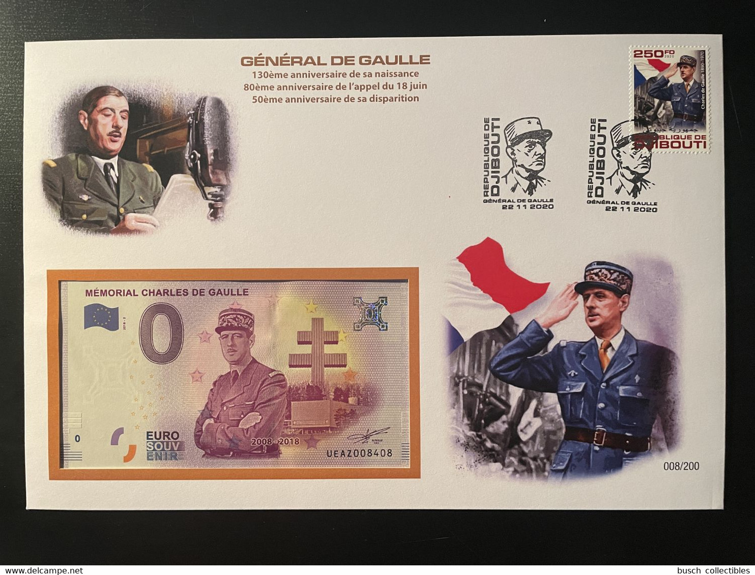 Euro Souvenir Banknote Cover Général Charles De Gaulle Appel 18 Juin 130ème 80ème 50ème Annivers Djibouti Banknotenbrief - Privatentwürfe