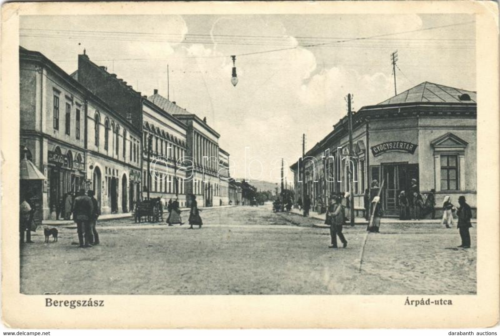 T2/T3 1916 Beregszász, Beregovo, Berehove; Árpád Utca, Gyógyszertár, üzletek. Haladás Nyomda Kiadása / Street View, Phar - Unclassified