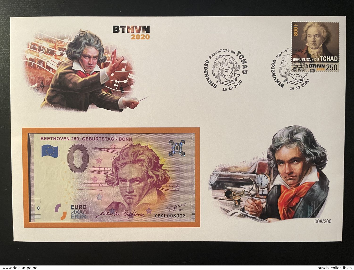 Euro Souvenir Banknote Cover 250. Geburtstag Ludwig Van Beethoven Musik Music Tchad Chad BTHVN Banknotenbrief - Privatentwürfe