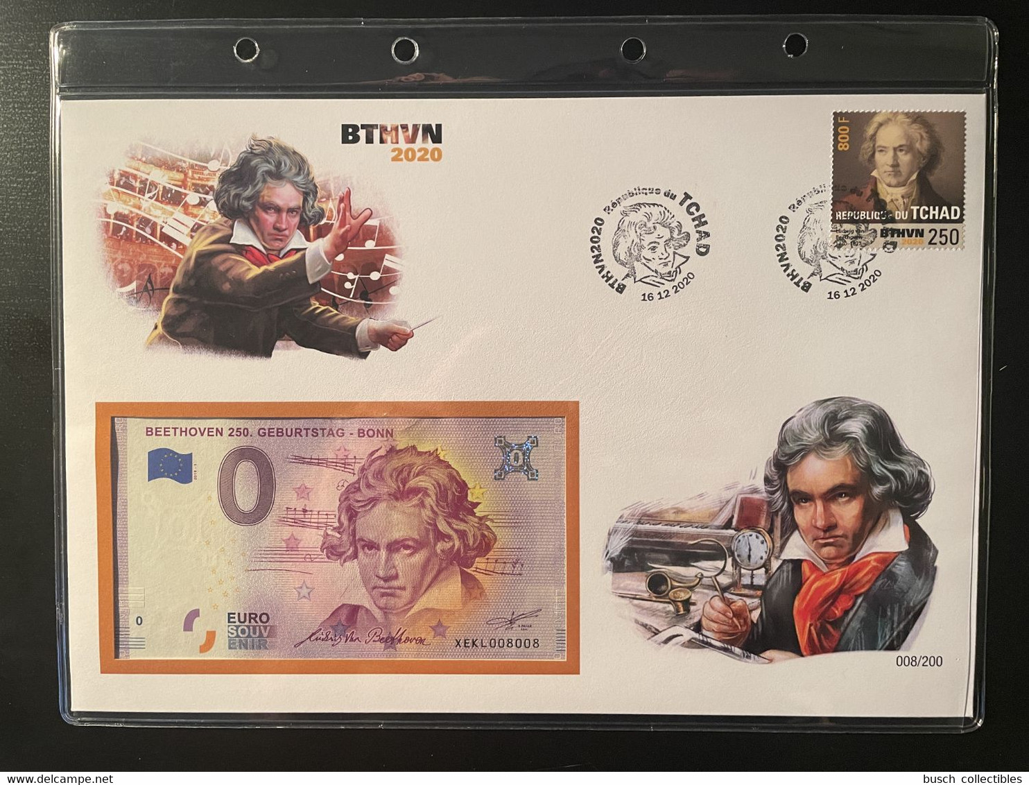 Euro Souvenir Banknote Cover 250. Geburtstag Ludwig Van Beethoven Musik Music Tchad Chad BTHVN Banknotenbrief - Privatentwürfe