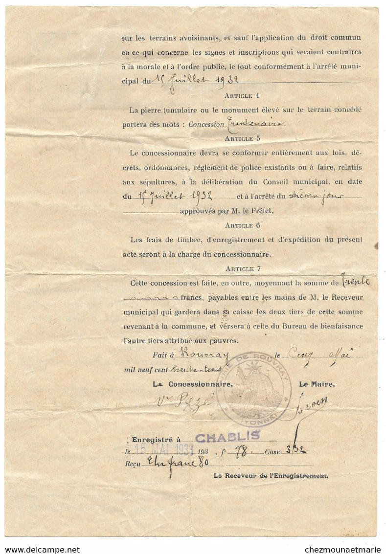 1933 ROUVRAY - ACTE DE CONCESSION VEUVE PEZE CLOVIS HBT HERY ENREGISTRE A CHABLIS - Documents Historiques