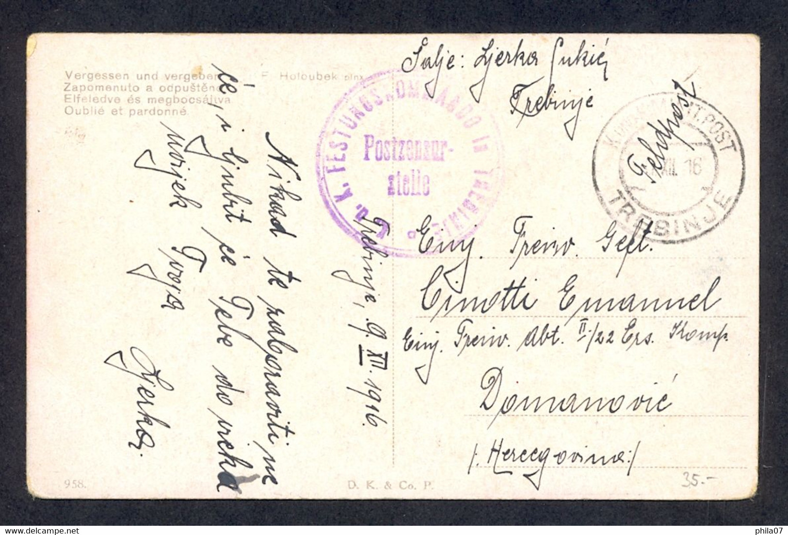 BOSNIA AND HERZEGOVINA - Greeting Card Sent From Trebinje To Domanović 09.12. 1916. Cancel FESTUNGSKOMANNDO IN TREBINJE - Bosnie-Herzegovine