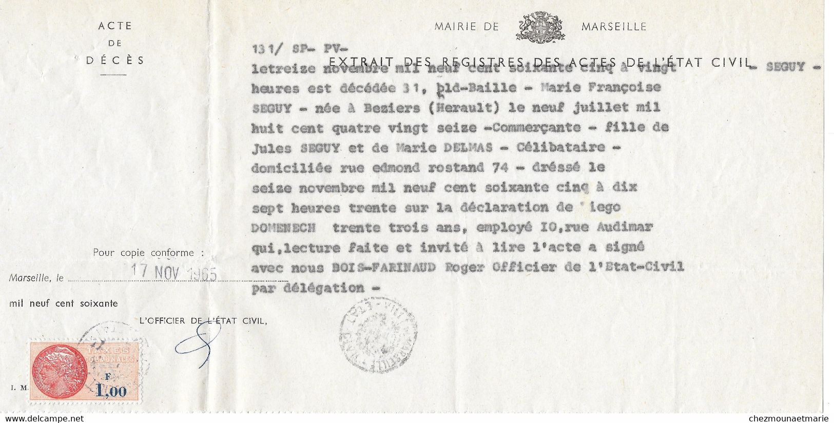 1965 MARSEILLE - MME SEGUY NEE A BEZIERS EN 1896 - EXTRAIT ACTE DE DECES - Documents Historiques