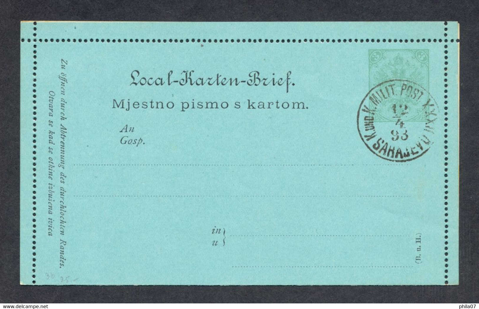 BOSNIA AND HERZEGOVINA - Closed Stationery With Imprinted Value, With Nice Cancel 'K.und K Milit. Post. Sarajevo 12.4. 1 - Bosnie-Herzegovine