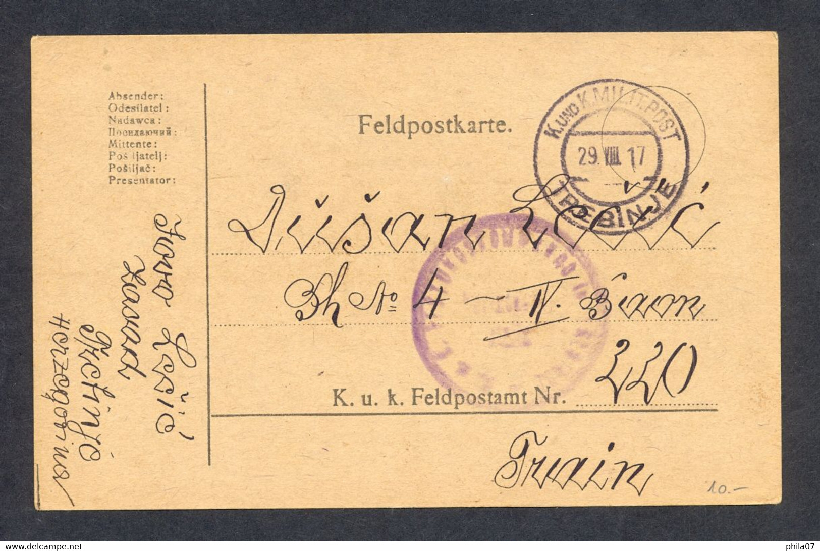 BOSNIA AND HERZEGOVINA - Military Stationery Sent From Trebinje 29.VIII. 1917. Nice Cancel 'K.und K. Milit.Post Trebinje - Bosnie-Herzegovine