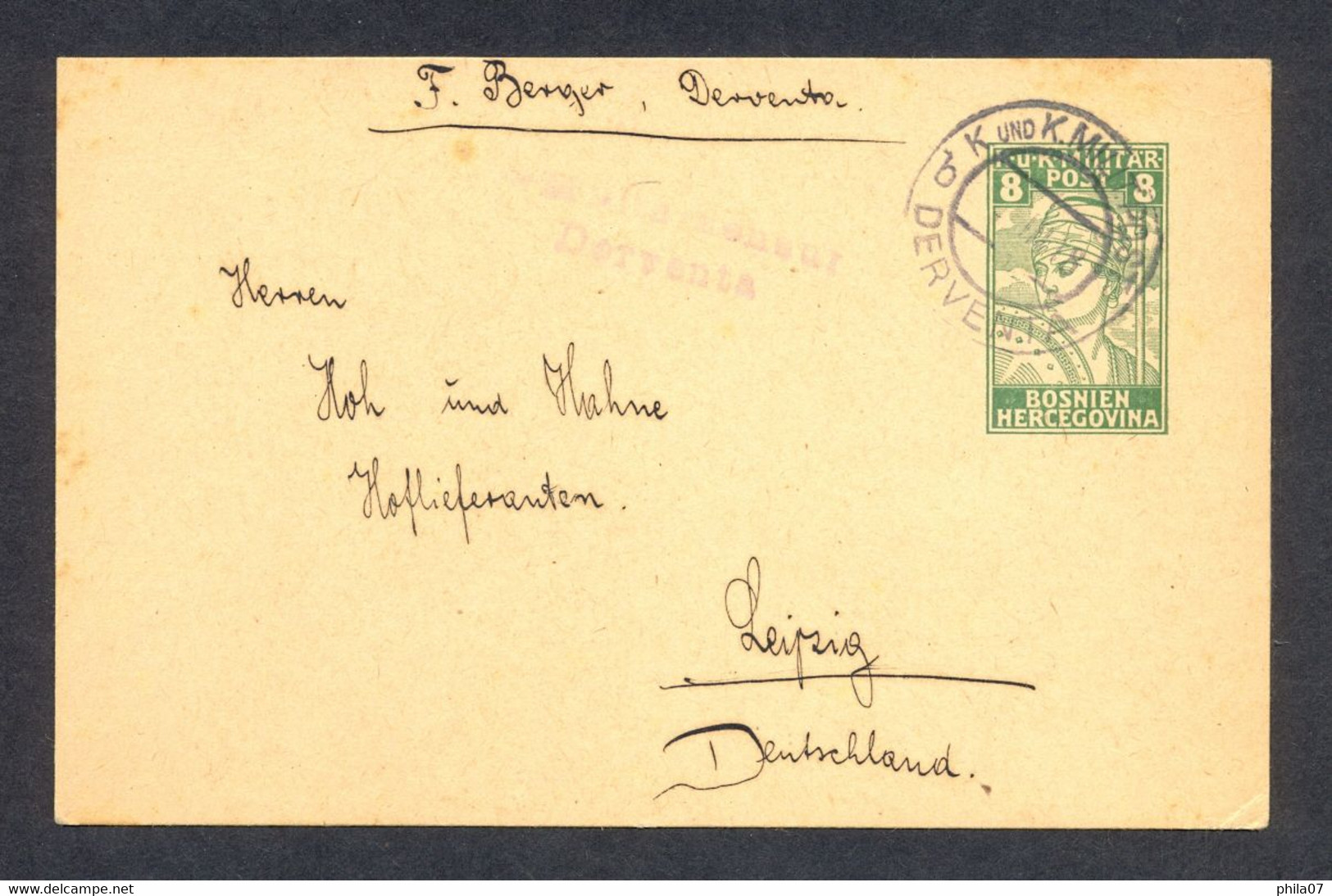BOSNIA AND HERZEGOVINA, AUSTRIA - Stationery Sent From Derventa ?.03.1918. To Leipzig. With Rare Censorship Cancel 'MILI - Bosnien-Herzegowina