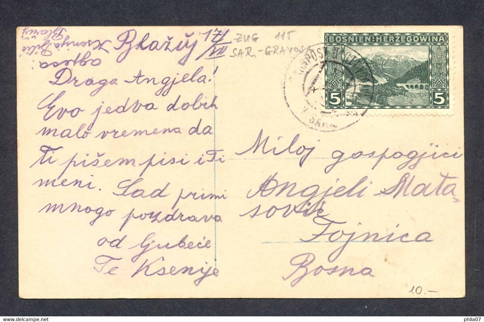 BOSNIA AND HERZEGOVINA - Greeting Card With Railway Cancel (T.P.O.) Sarajevo-Gravosa. Greeting Card Is Sent To Fojnica. - Bosnia And Herzegovina