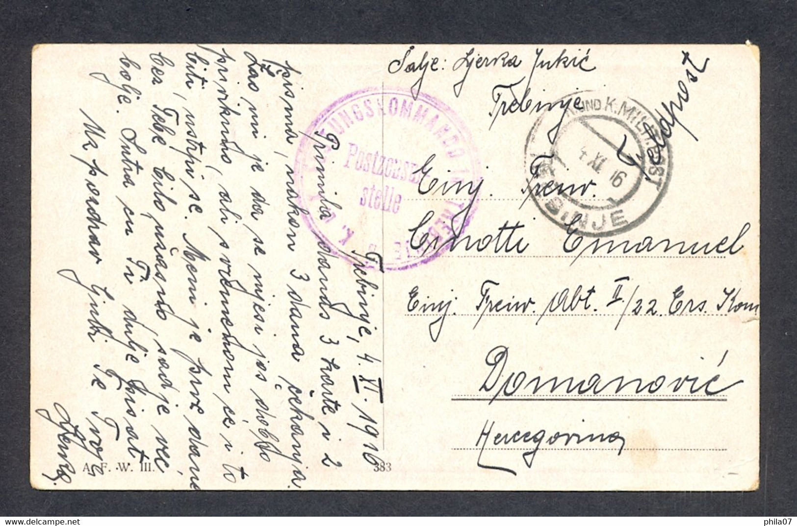 BOSNIA AND HERZEGOVINA - Greeting Card Sent From Trebinje To Domanović 04. XI. 1916. Cancel 'FESTUNGSKOMANNDO IN TREBINJ - Bosnien-Herzegowina