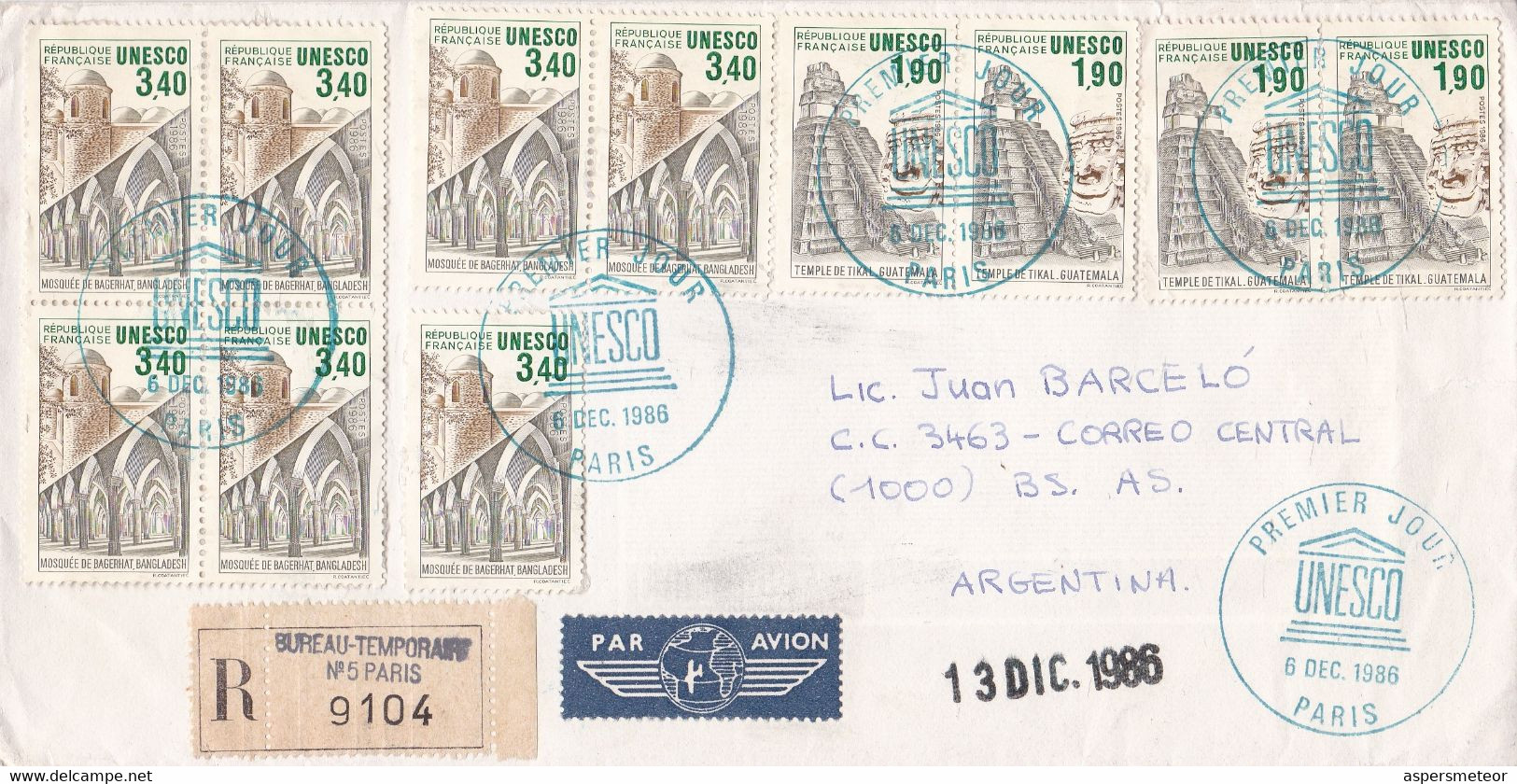 FRANCE. UNESCO, PREMIER JOUR. CIRCULEE BUREAU-TEMPORAIR A BUENOS AIRES, ARGENTINE. 1986. RECOMMANDE, PAR AVION -LILHU - 1980-1989