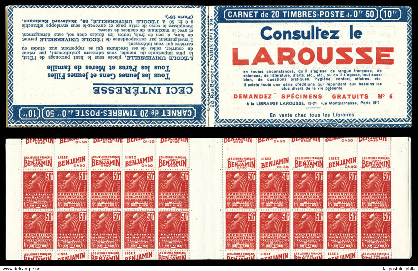 ** N°272-C1, Série 214B, LAROUSSE Et EU, Double Publicité En Haut Par Massicotage à Cheval. TTB. R.  Qualité: ** - Carnets