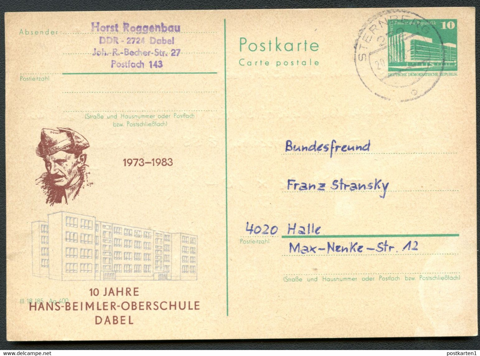 DDR P84-3-83 C15 Postkarte Zudruck HANS BEIMLER DABEL Gebraucht Dabel 1983 - Cartes Postales Privées - Oblitérées