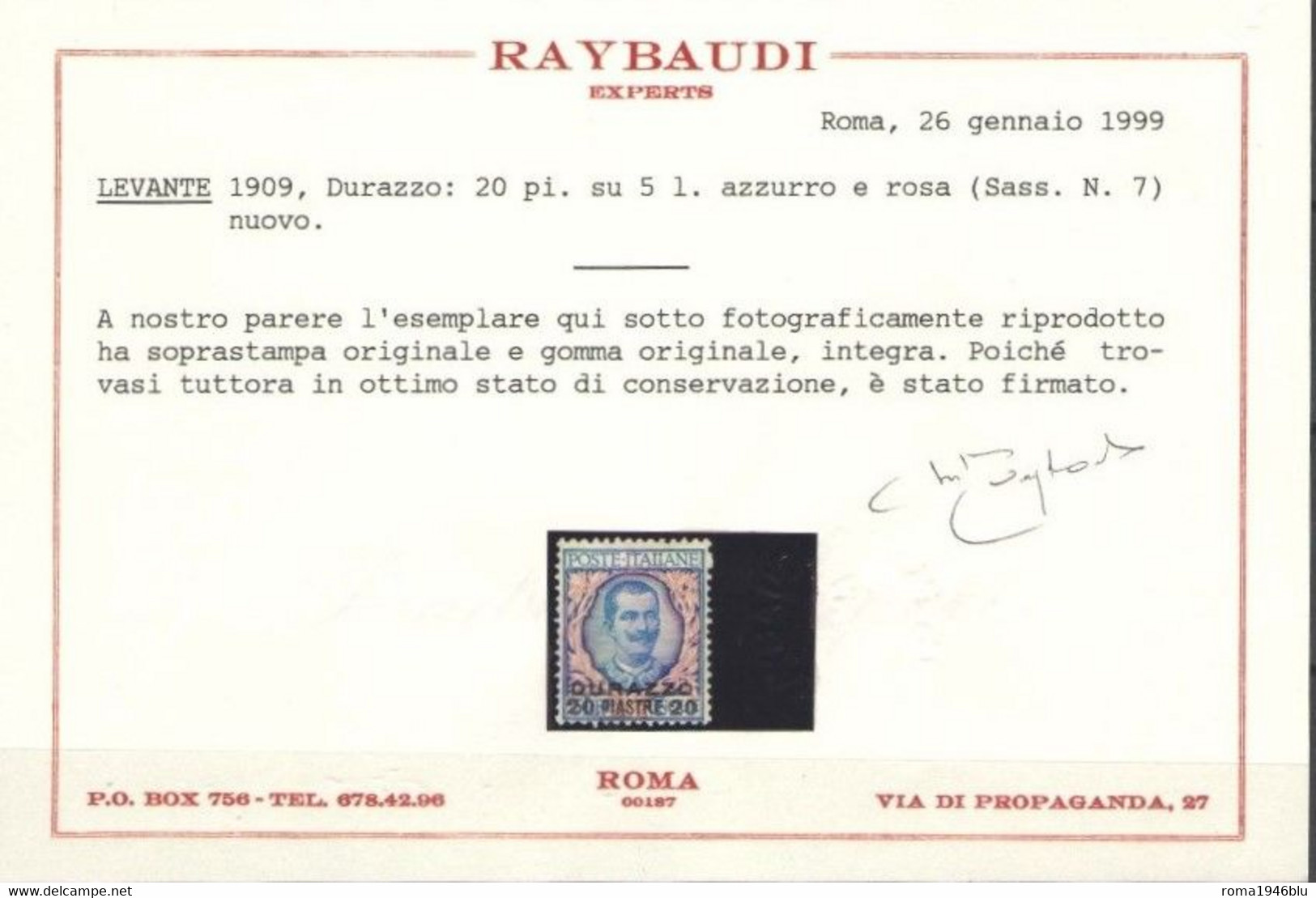 DURAZZO 1909 SASSONE N. 7 ** MNH CENTRATA CERT. RAYBAUDI - European And Asian Offices