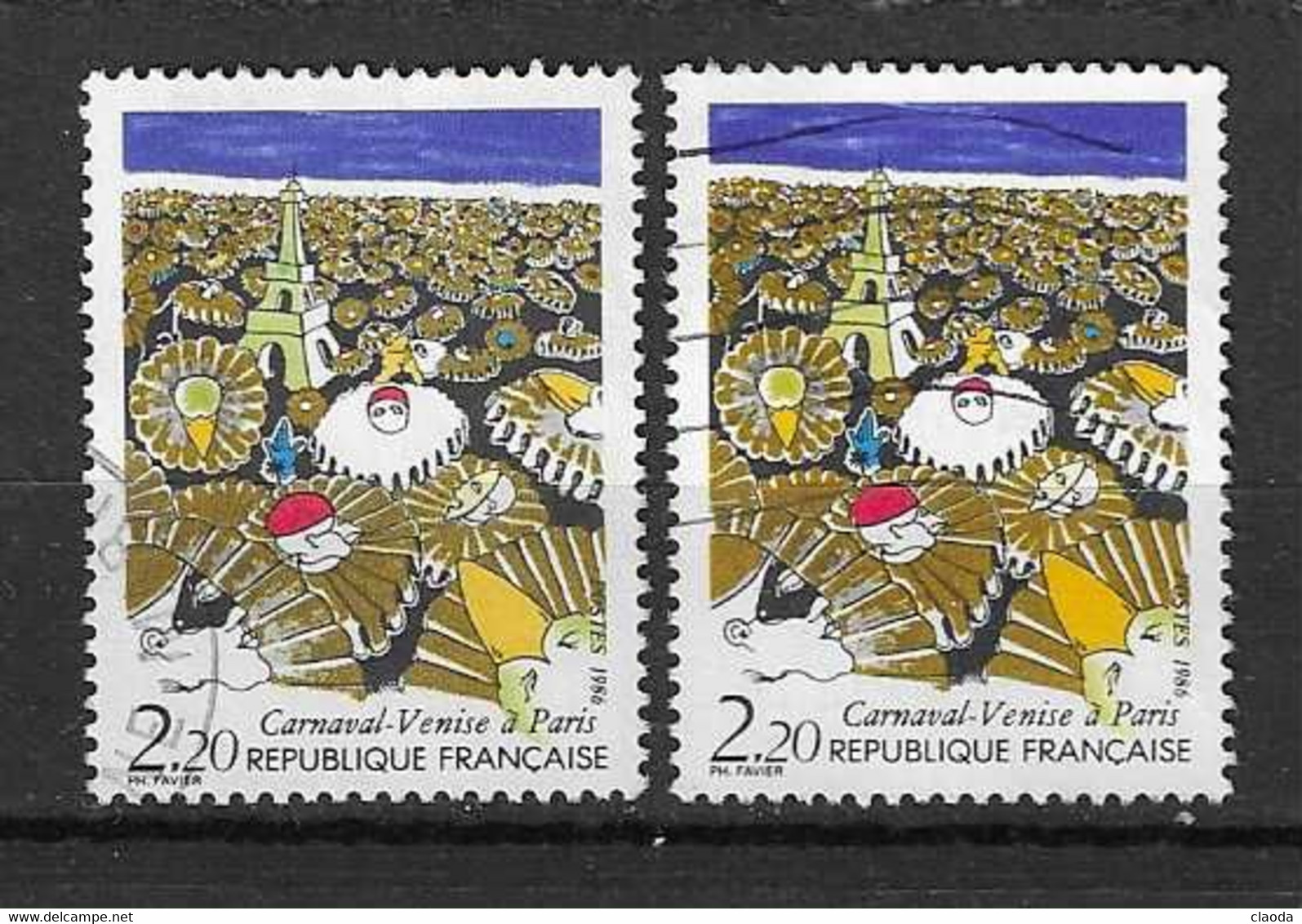 642 TP - FRANCE 1986 -  Y&T N° 2395 - Carnaval Venise à Paris - VARIETE TOUR EIFFEL  VERTE Et L'AUTRE JAUNE  (Oblitérés) - Gebraucht