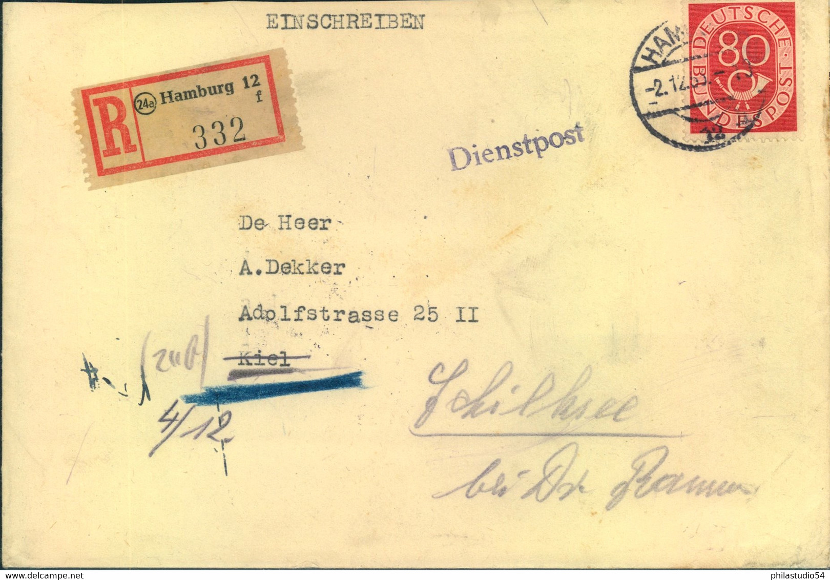 1953, 80 Pfg. Posthor Auf Dienstpost-R-Brief, Absender Niederländischer Generalkonsul In Hamburg - Other & Unclassified