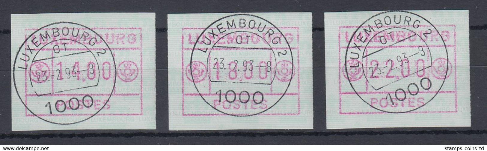 Luxemburg ATM Kleines POSTES Mi.-Nr. 2 Satz 14-18-22 Farbe Rotlila O 23.2.93 - Automatenmarken