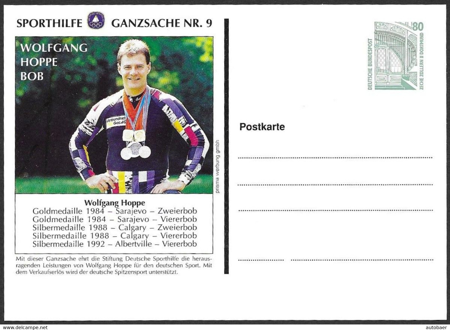 BRD Sporthilfe Ganzsache Nr. 9 Wolfgang Hoppe Bob Wertstempel Zeche Zollern II Dortmund Postfrisch Mint MNH Neuf ** - Cartes Postales Privées - Neuves