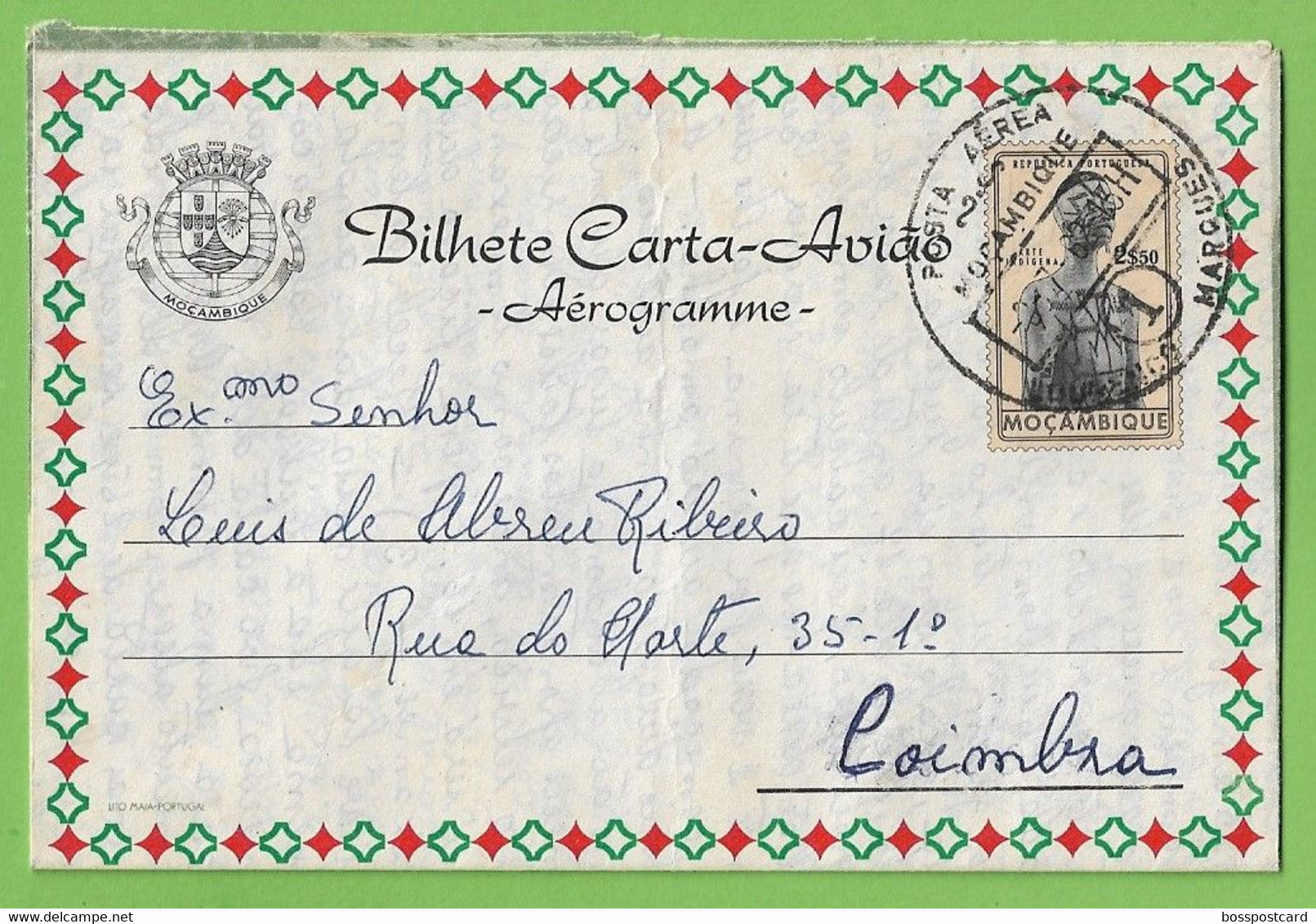 História Postal - Filatelia - Aerograma - Aérogramme - Stamps - Timbres - Philately Lourenço Marques Moçambique Portugal - Usado