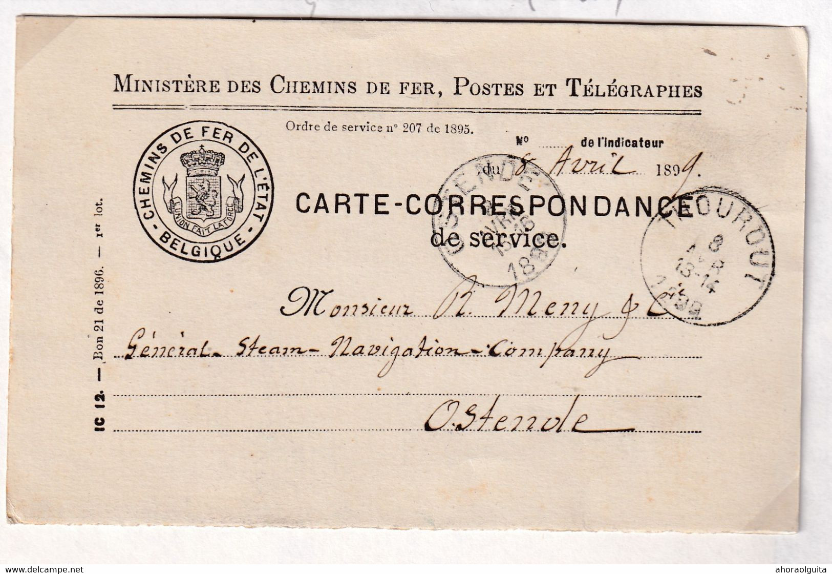 DDY 546 -- Collection THOUROUT - Carte De Service THOUROUT 1899 - Le Chef De Station Des Chemins De Fer , Amerlinck - Franchise
