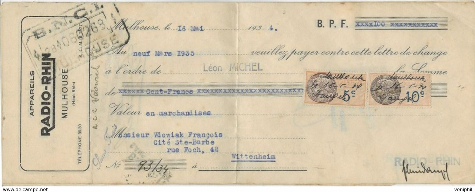 LETTRE DE CHANGE - APPAREILS  RADIO - RHIN - MULHOUSE HT RHIN -1934 - Wechsel