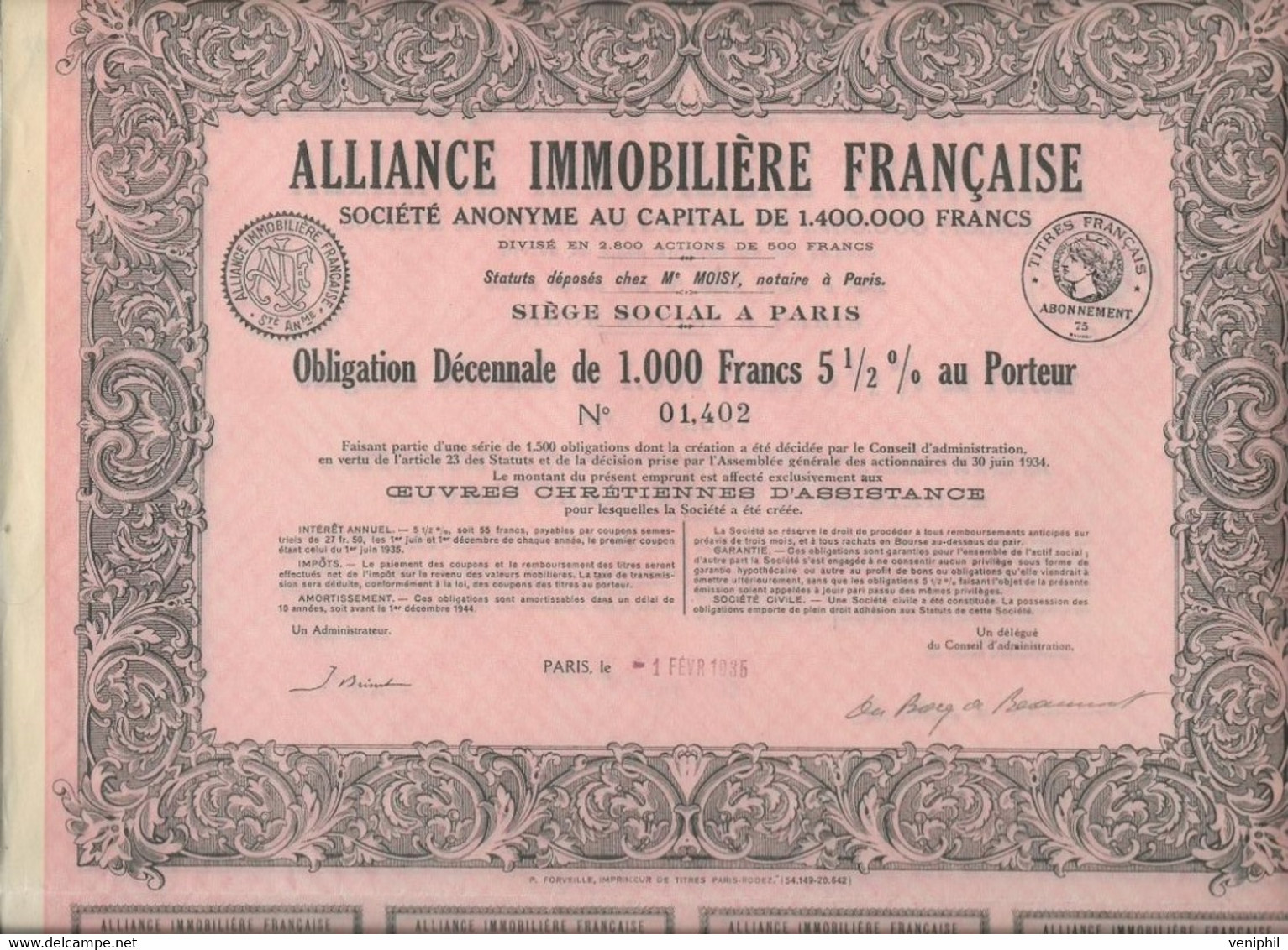 ALLIANCE IMMOBILIERE FRANCAISE -2 OBLIGATIONS DECENNALE DE 1000 FRS -TIRAGE 1500 - ANNEE 1935 - Altri & Non Classificati