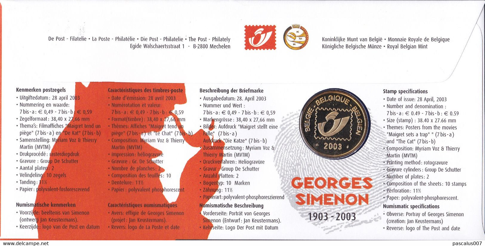 B01-326 Numisletter FDC COB 3167 3168 Ecrivain Romancier Georges Simenon 26-04-2003 4000 Liège - Numisletter