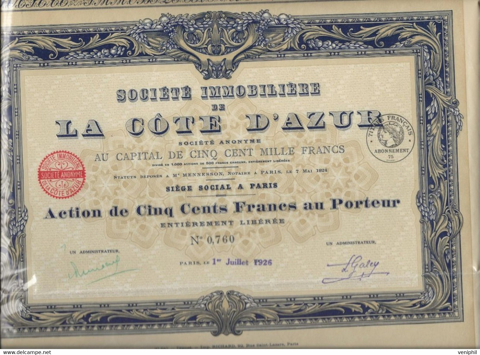 SOCIETE IMMOBILIERE DE LA COTE D'AZUR - ACTION DE 500 FRS -DIVISE EN 1000 ACTIONS -ANNEE 1926 - Autres & Non Classés