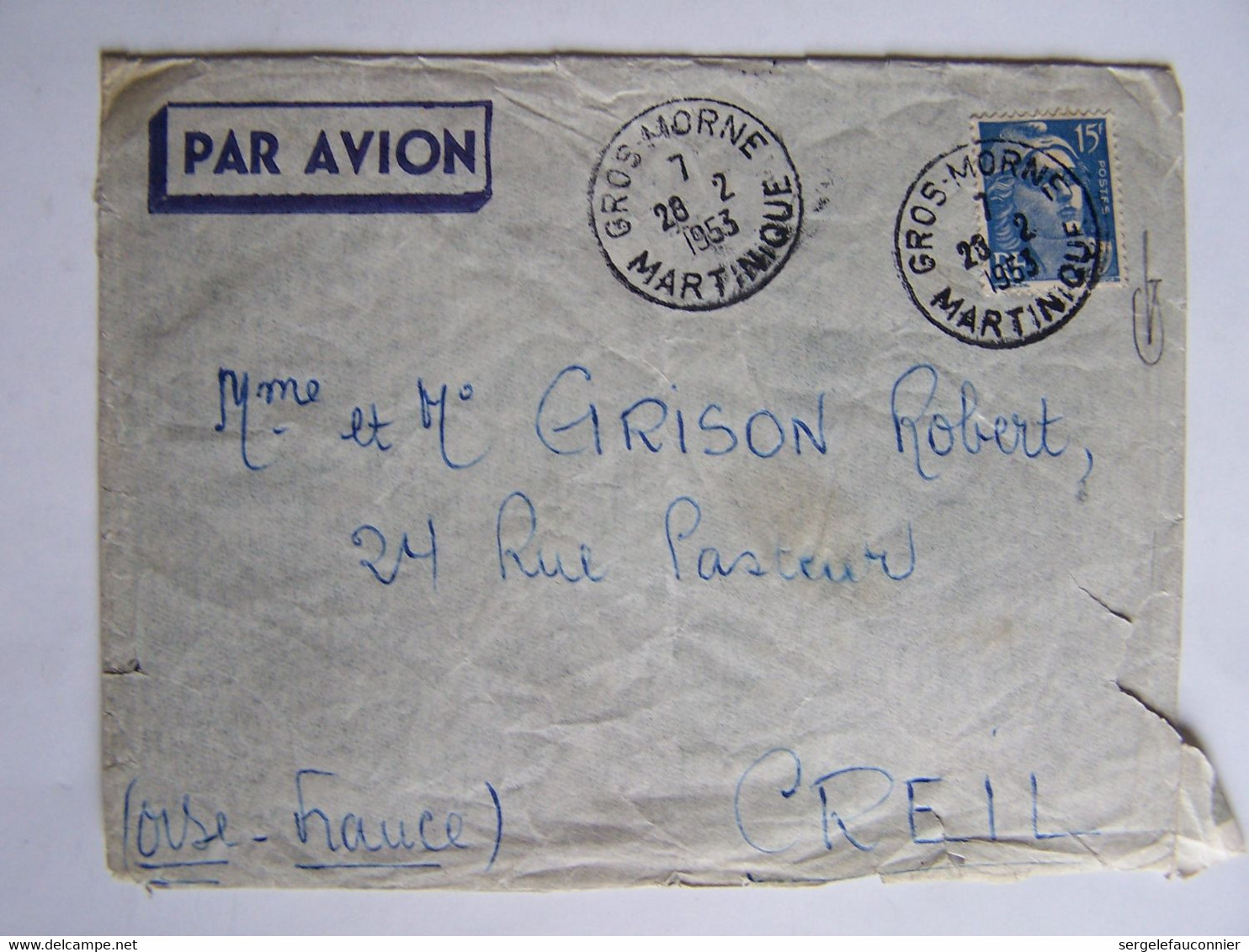 FRANCE28-2-1953 MARTINIQUE Vers CREIL (OISE) CACHET GROS-MORNE - Used Stamps