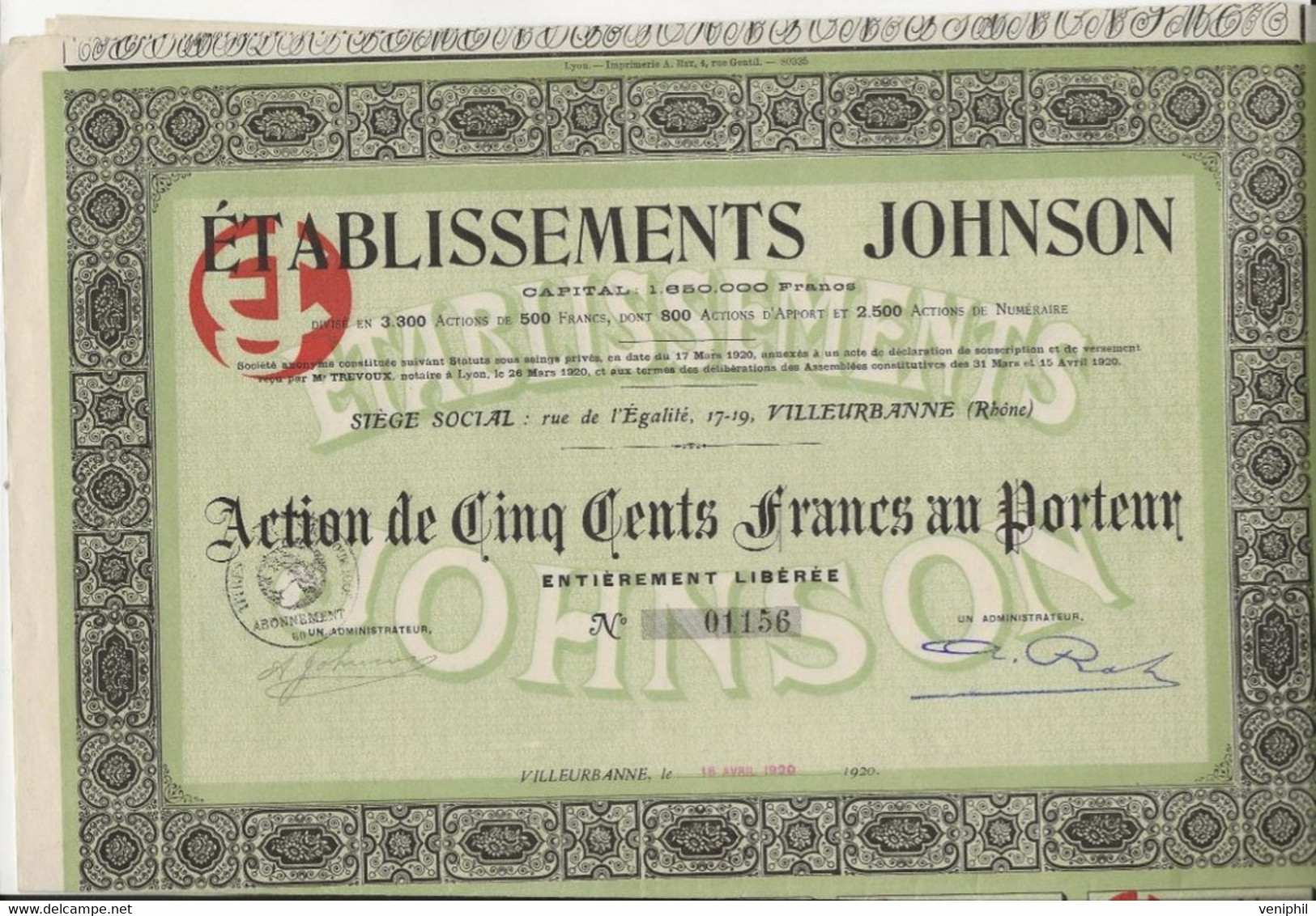 ETABLISSEMENT JOHNSON  - VILLEURBANNE - 2 ACTIONS DE CINQ CENT FRANCS -ANNEE 1920 - Sonstige & Ohne Zuordnung