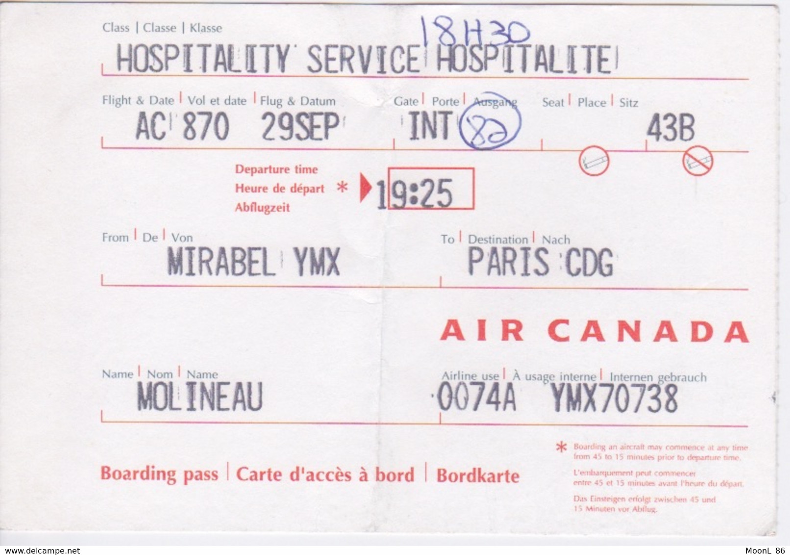 CANADA - TICKET  TRANSPORT EMBARQUEMENT AVION AIR CANADA - AEROPORT MIRABEL PARIS CDG - Monde