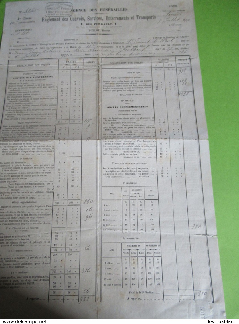 Agence Des Funérailles/Réglement Des Convois, Services Enterrements Et Transports/ROBLOT/St Vincent De Paul/1877 FPD123 - Obituary Notices