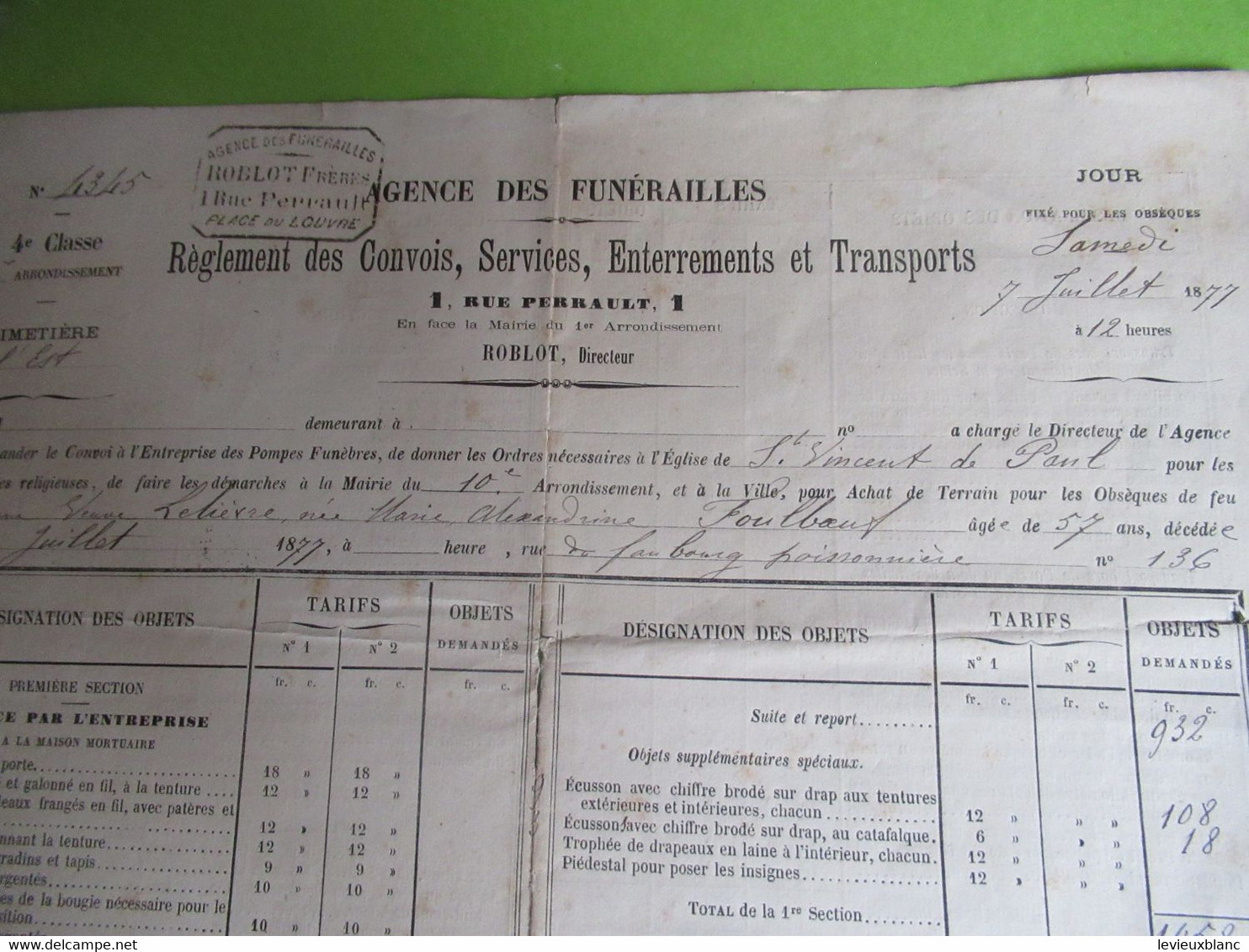 Agence Des Funérailles/Réglement Des Convois, Services Enterrements Et Transports/ROBLOT/St Vincent De Paul/1877 FPD123 - Overlijden