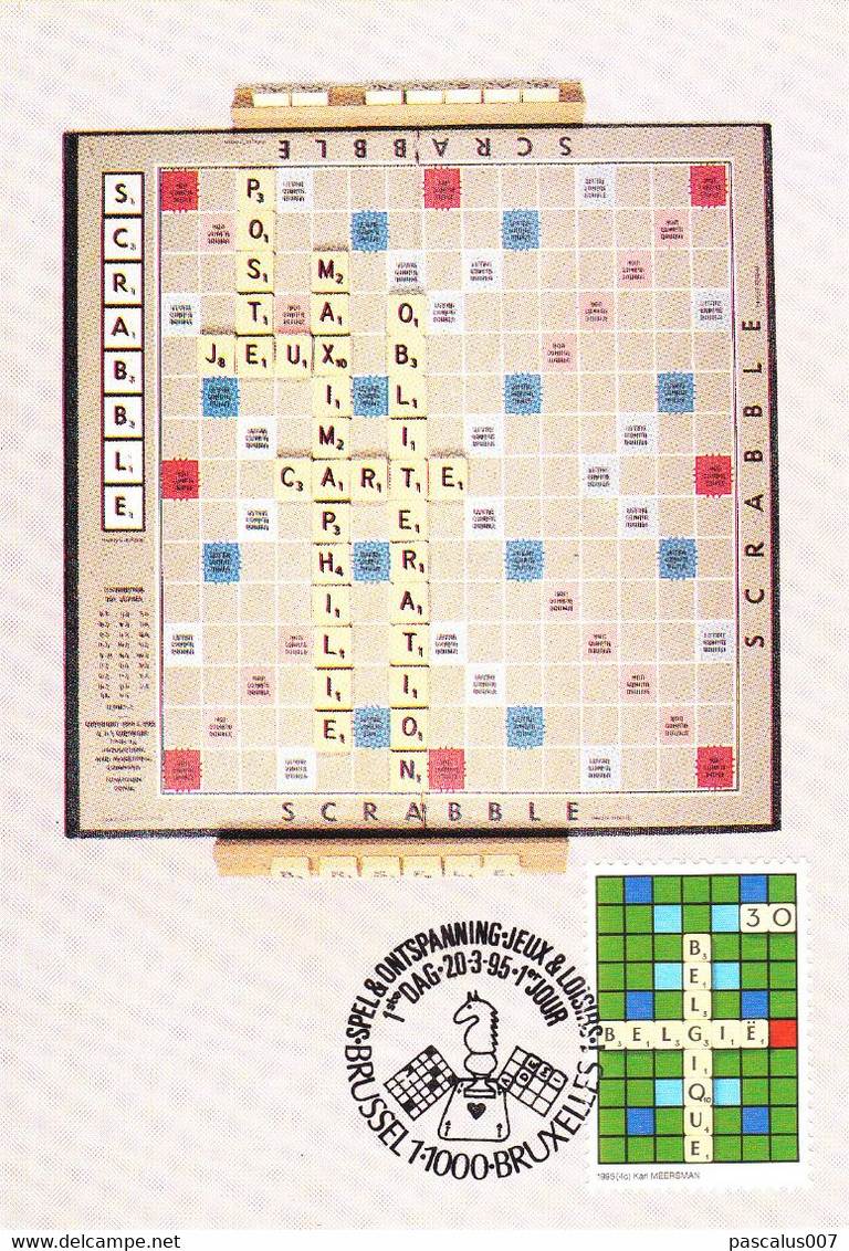 B01-328 2594 Carte Maxima FDC Jeux Et Loisirs Scrabble Jouer 18-03-1995 Brussel 1000 Bruxelles 4.5€ - 1991-2000