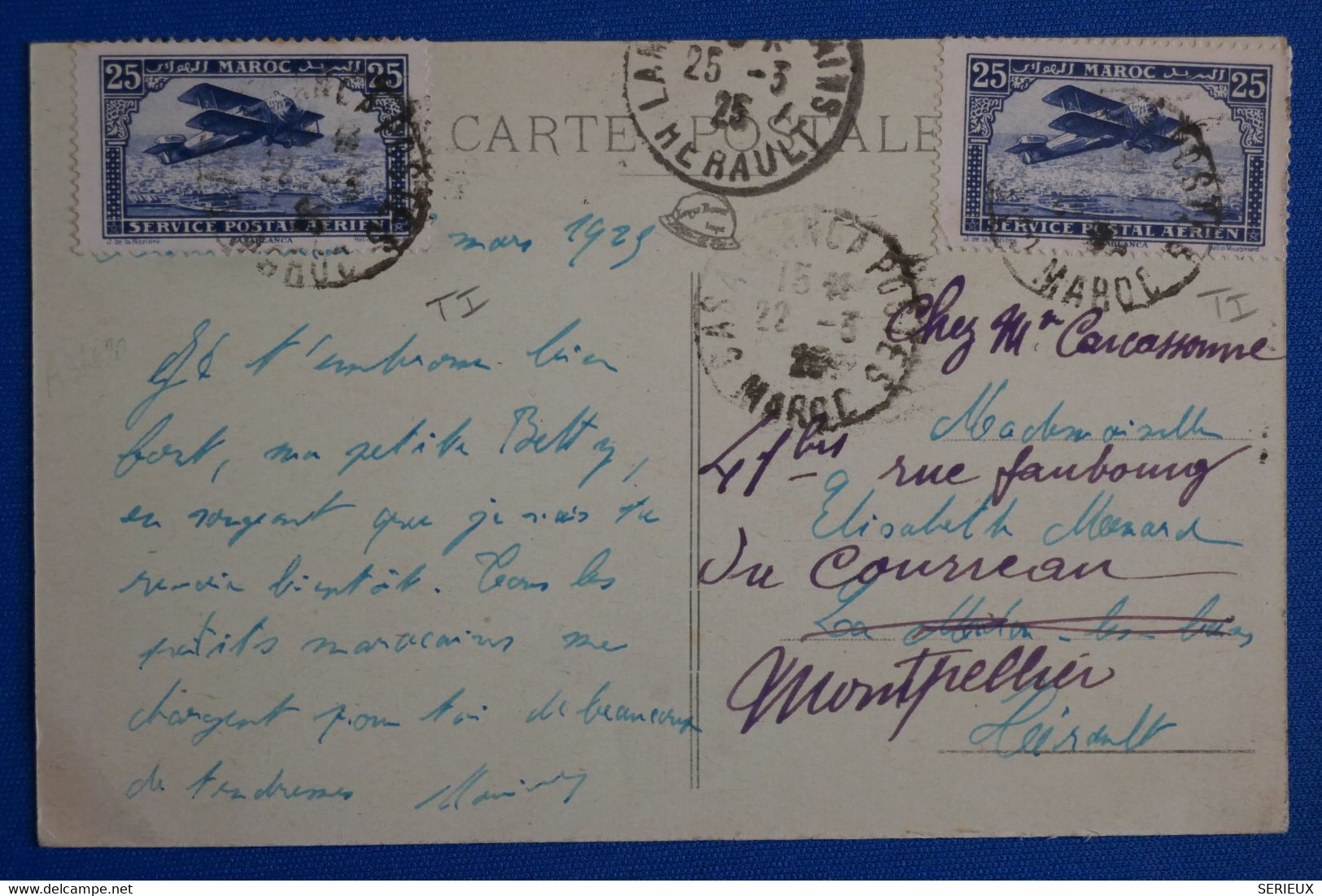 K14 MAROC BELLE CARTE 1925 CASABLANCA POUR MONTPELLIER  FRANCE + AFFRANCH INTERESSANT - Covers & Documents