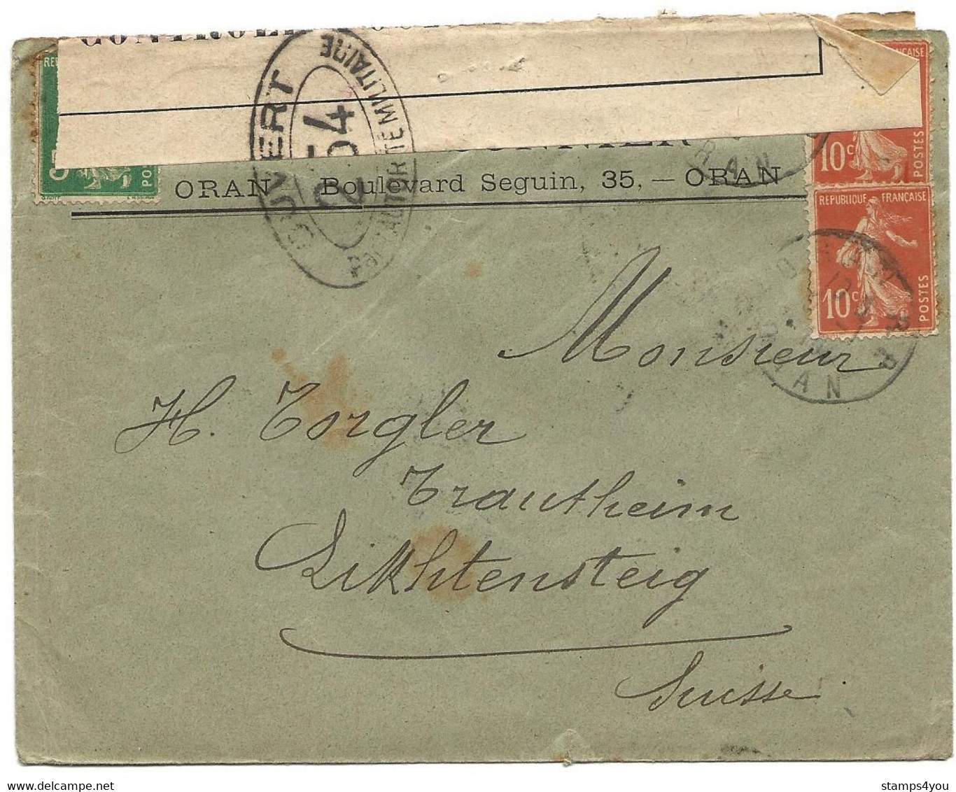 286 - 34 - Enveloppe Envoyée De Oran En Suisse 1916 - Censure - Prima Guerra Mondiale