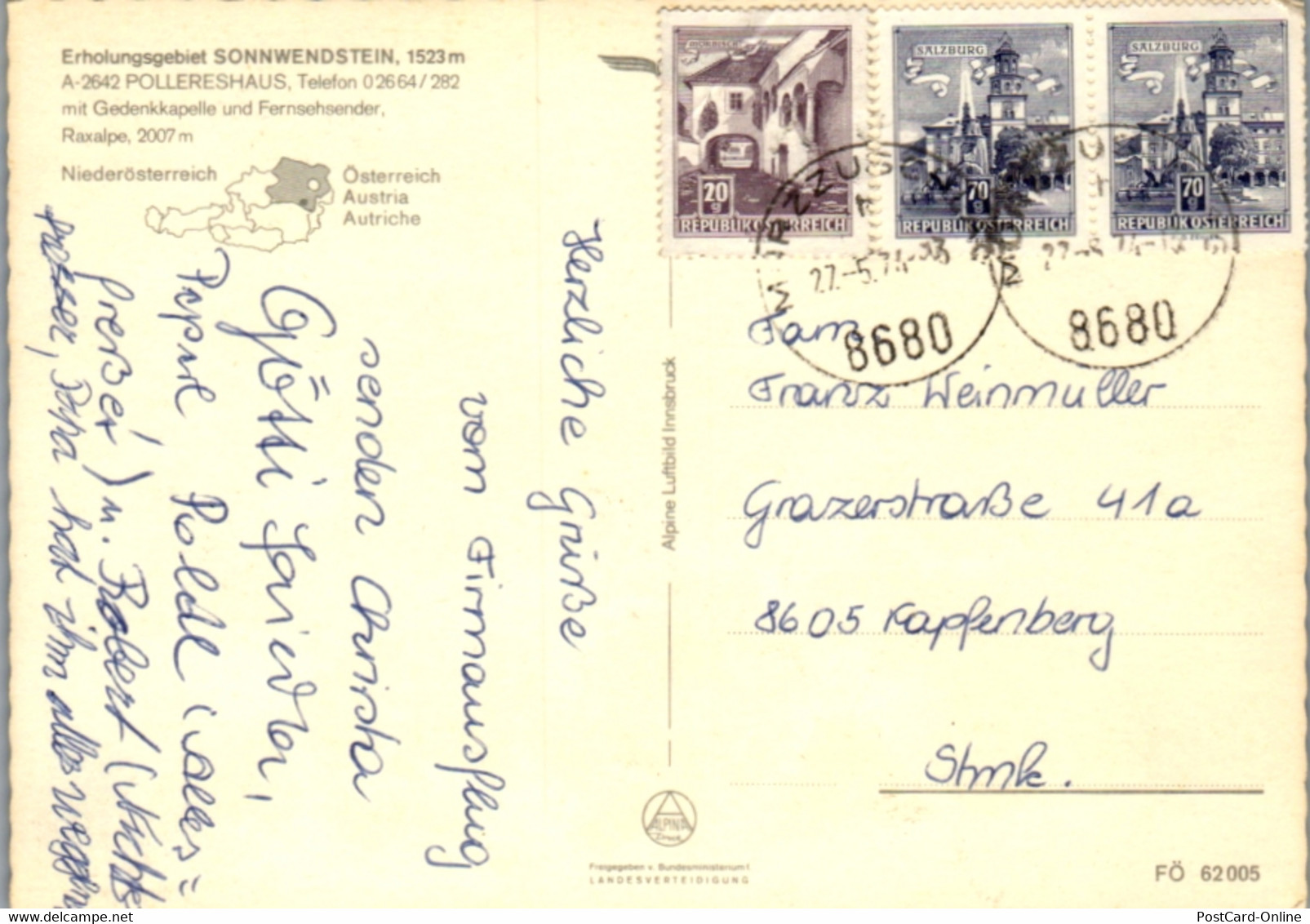 5800 - Niederösterreich - Pollereshaus , Sonnwendstein , Raxalpe , Fernsehsender - Gelaufen 1974 - Schneeberggebiet