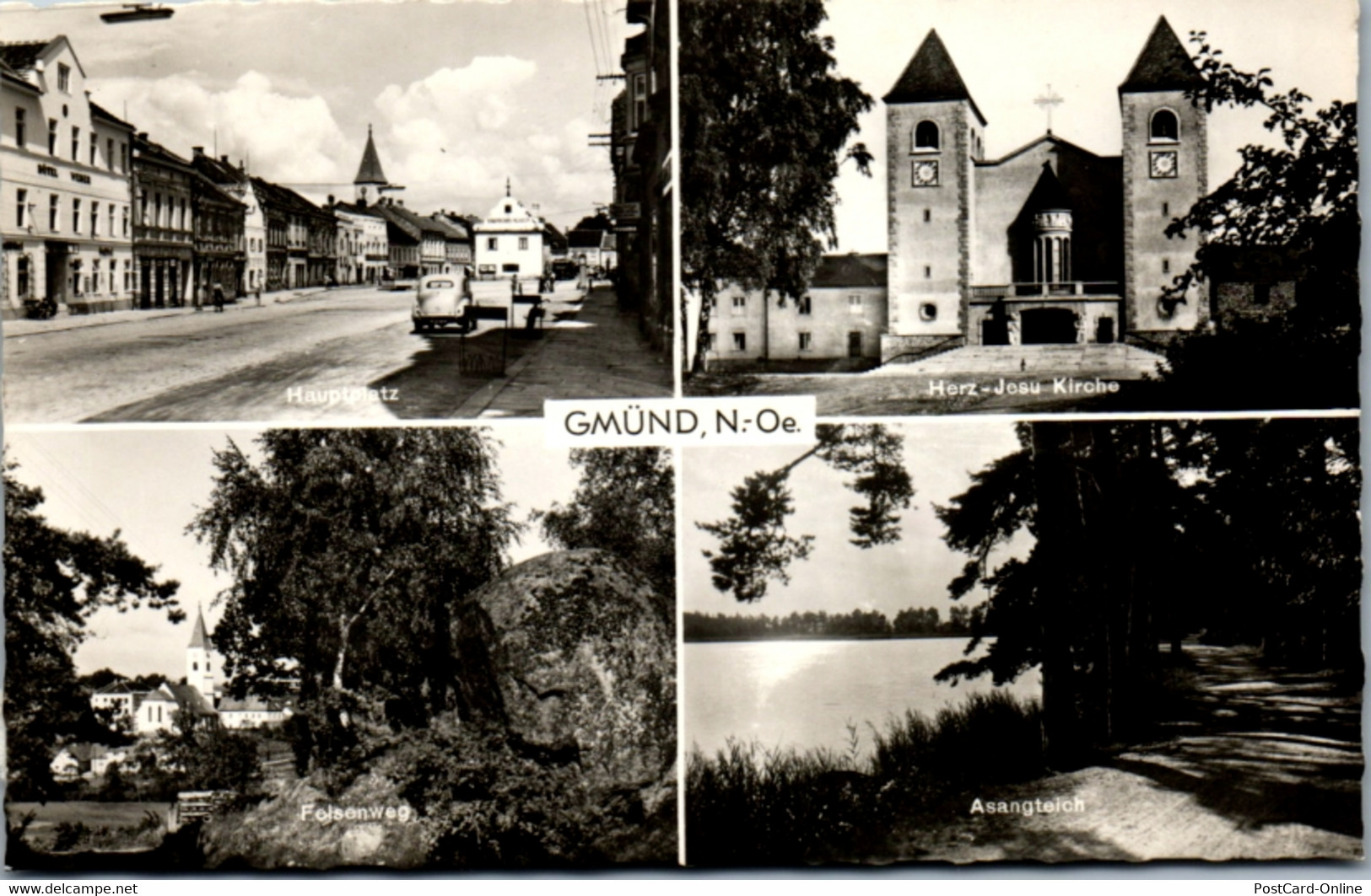 5822 - Niederösterreich - Gmünd , Hauptplatz , Felsenweg , Asangteich , Herz Jesu Kirche - Gelaufen 1958 - Gmünd